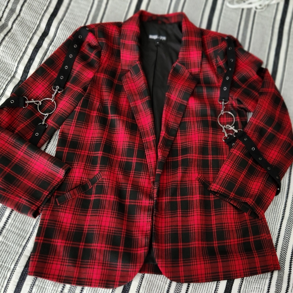 LF Mags & Pye Red & Black Plaid Harness Chain Blazer